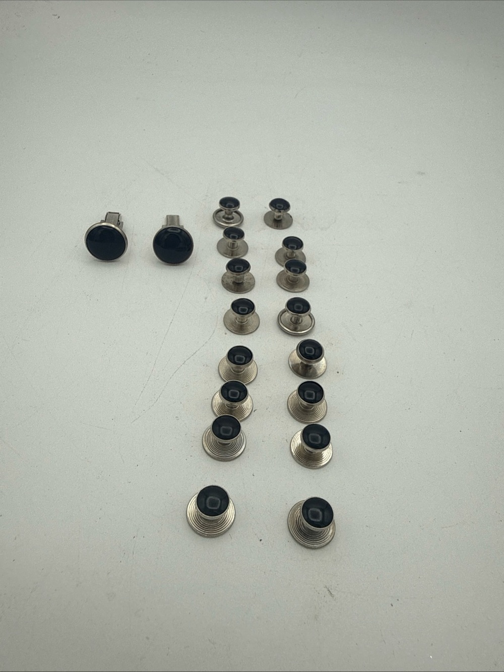 Men's Black /Silvertone Tuxedo suit 16 Button Studs & 2 Cuff Links Wedding Groom